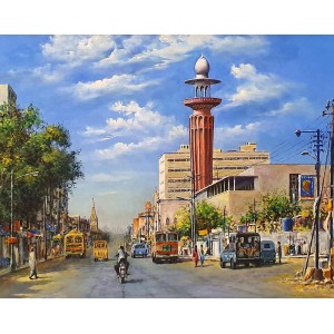 Hanif Shahzad, Memon Masjid, M. A. Jinnah Road - Karachi, 27 x 36 Inch, Oil on Canvas, Cityscape Painting, AC-HNS-082